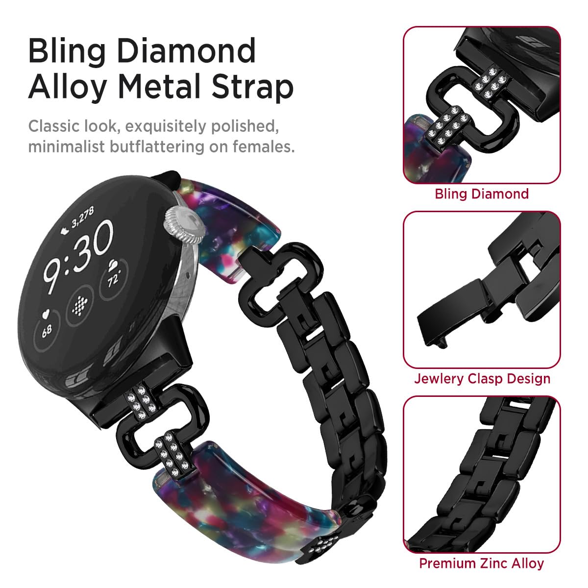 Miimall Resin Metal Strap for Google Pixel Watch 4/3/2/1 41mm (NOT for 45mm), Bling Rhinestone Pixel Watch 4 Band - Image 2