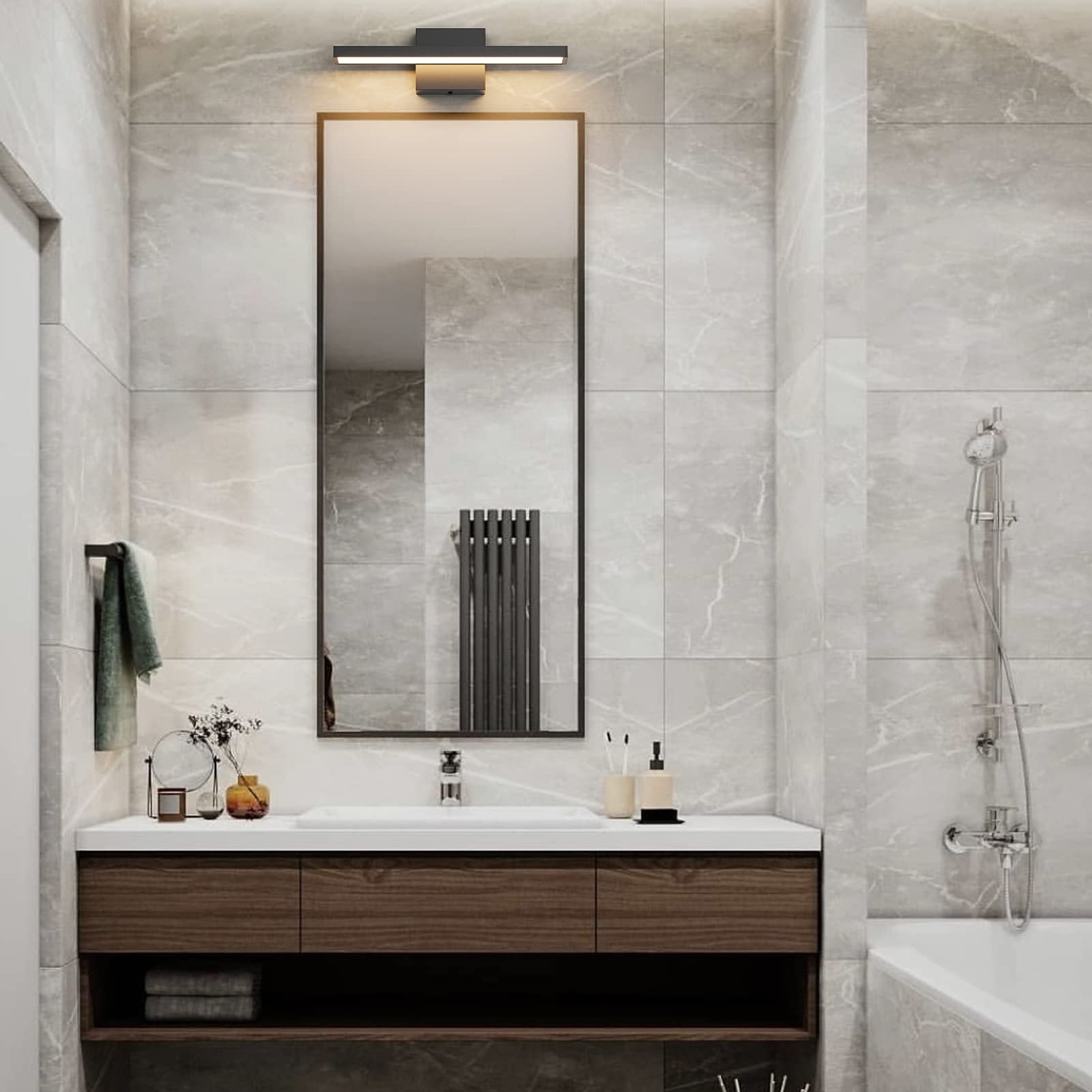 Klighten Lampada a LED per specchio da bagno, 40 cm, 12 W, IP44, lampada da bagno, lampada da bagno, lampada da parete, moderna, 1080 lm, 3000 K, luce bianca calda, 60 LED, 110 V-240 V, nero