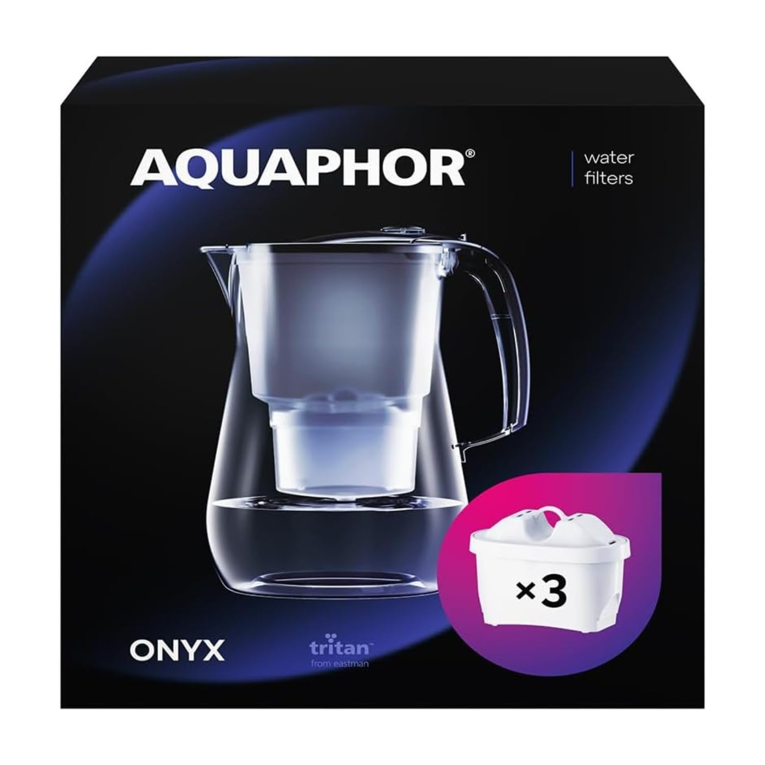 Aquaphor Jarra De Filtro De Agua Onyx Negro - Capacidad De 4.2L, 3 Filtros Maxfor+ Incluidos, Reduce La Cal, El Cloro Y Los MicropláSticos, Perfecta Para Familias, Con Efecto De Vidrio-image