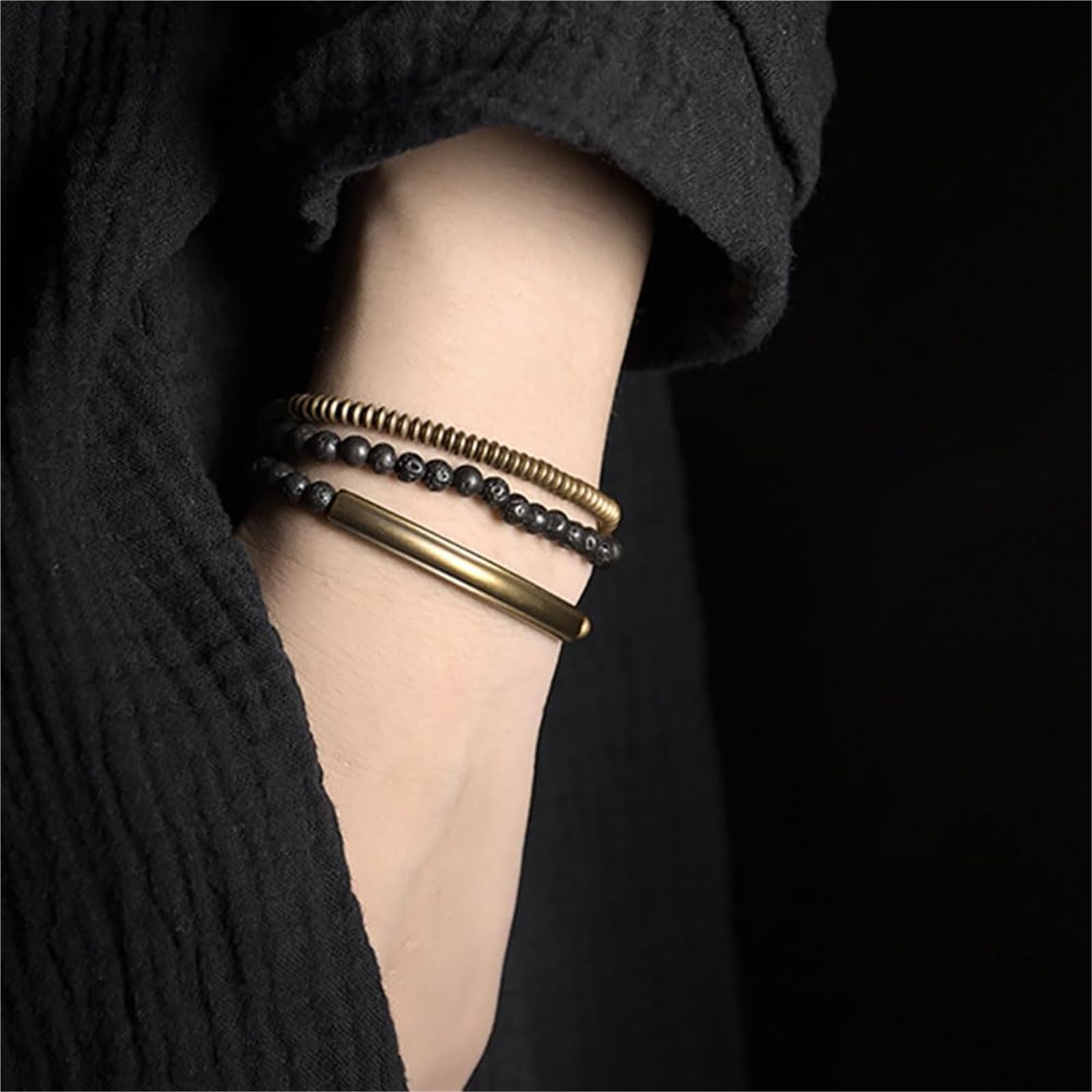 Bracciale diffusore in pietra lavica naturale, unisex, in ottone, elastico, multistrato, per meditazione e yoga, gioielli per uomini e donne