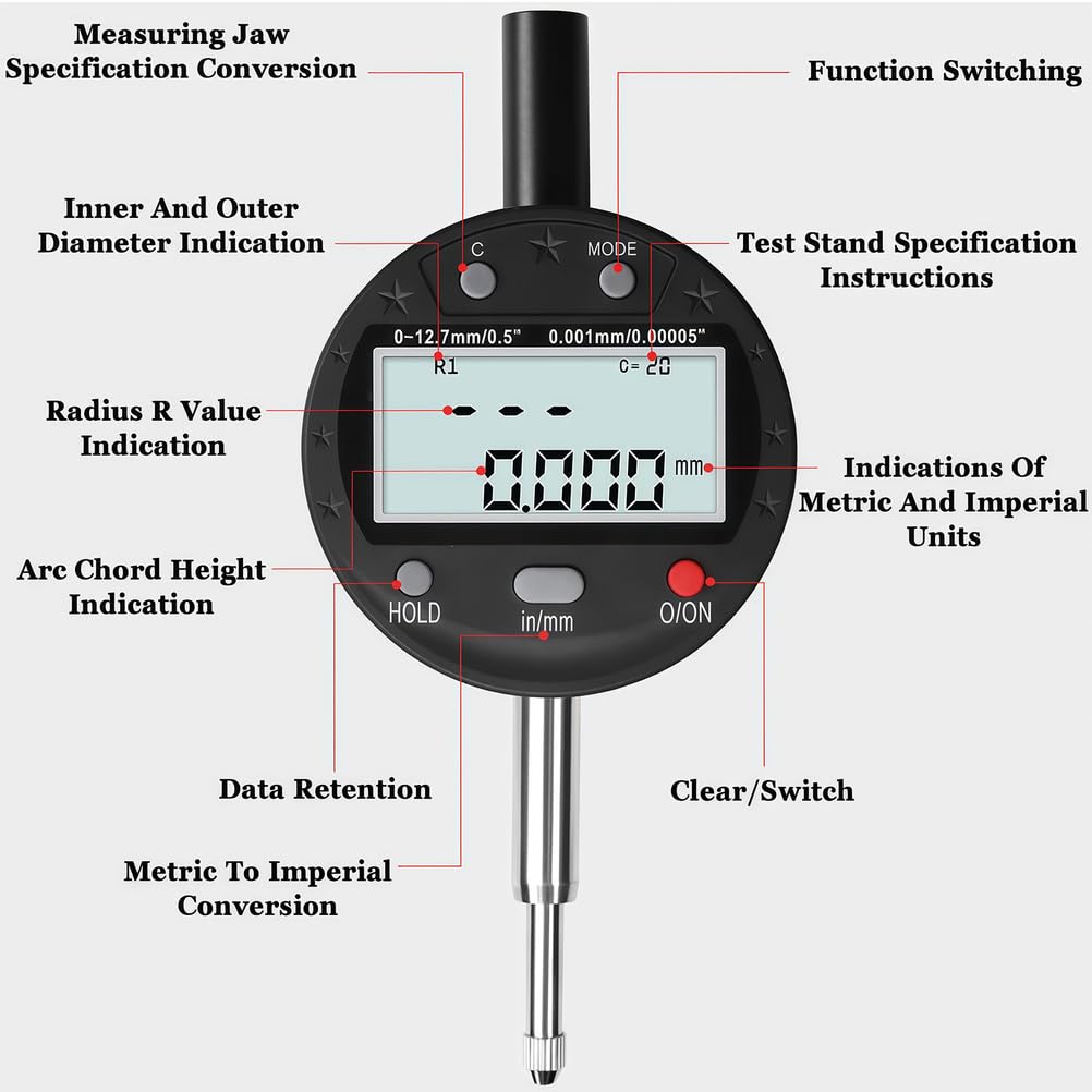 Calibro digitale per raggi, strumento micrometrico e profondità 3 in 1, profondità 1,3 cm con 5 ganasce, raggio da 0,5 a 69,8 cm, per misurazioni precise