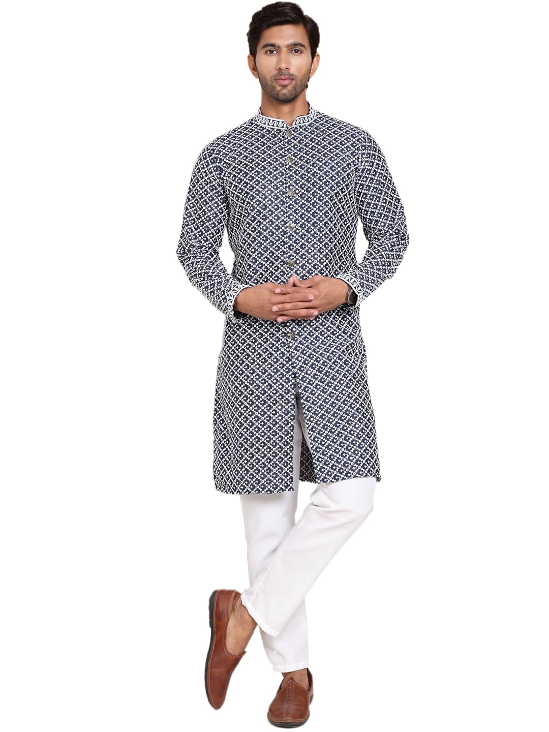 jompers Men's Navy Sequin Chikankari Front Open Kurta With Pyjamas (Navy, XL)-picture-18
