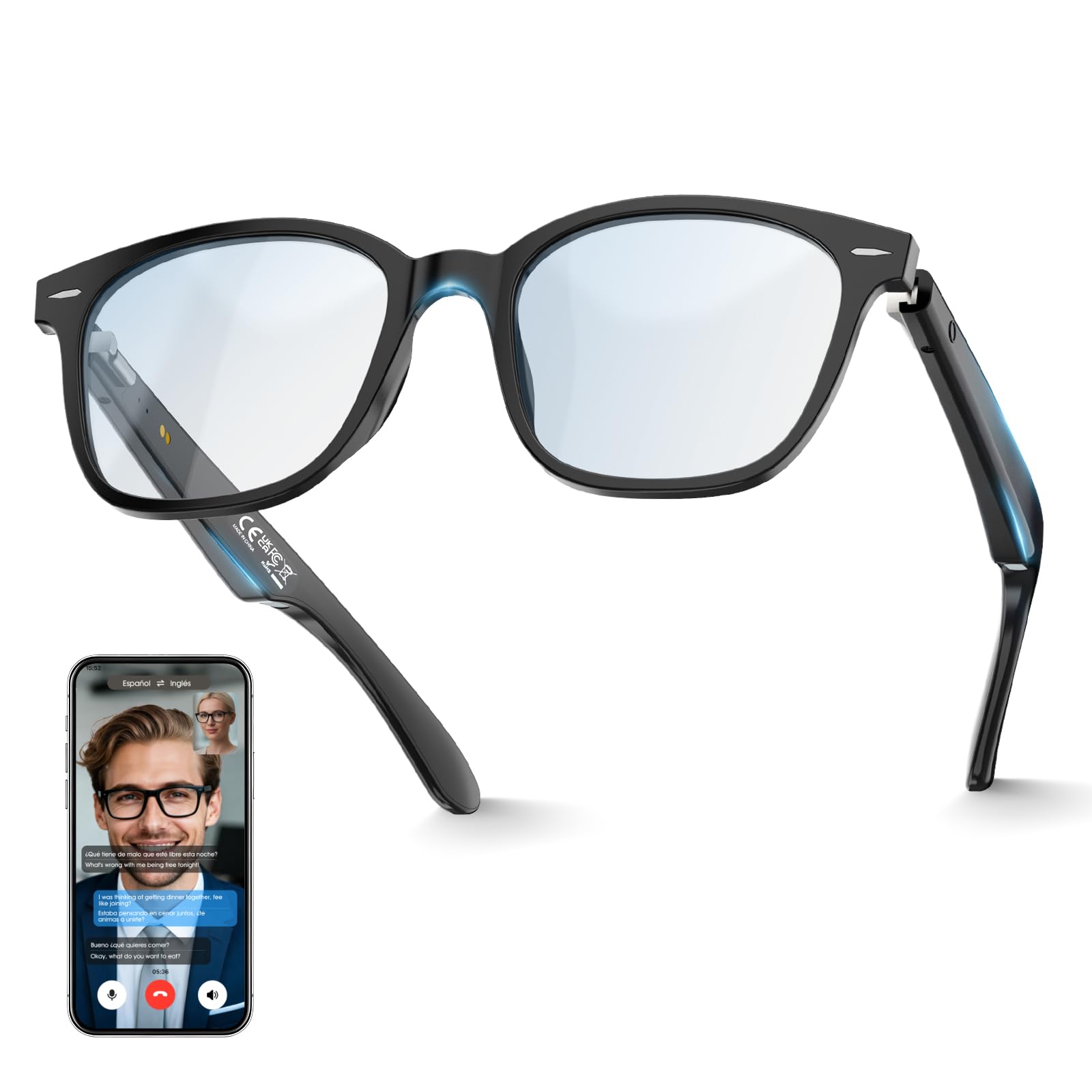 Unisex AI Translation Glasses with 140 Languages Smart Bluetooth Glasses Built-in Mic Speakers Hall Switch Auto-Connect Indoor Outdoor