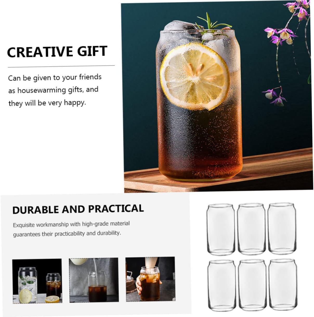 OUNONA 6pcs Cocktail Glasses Glass Beer Cup Reusable Water Cup Ribbed Glassware