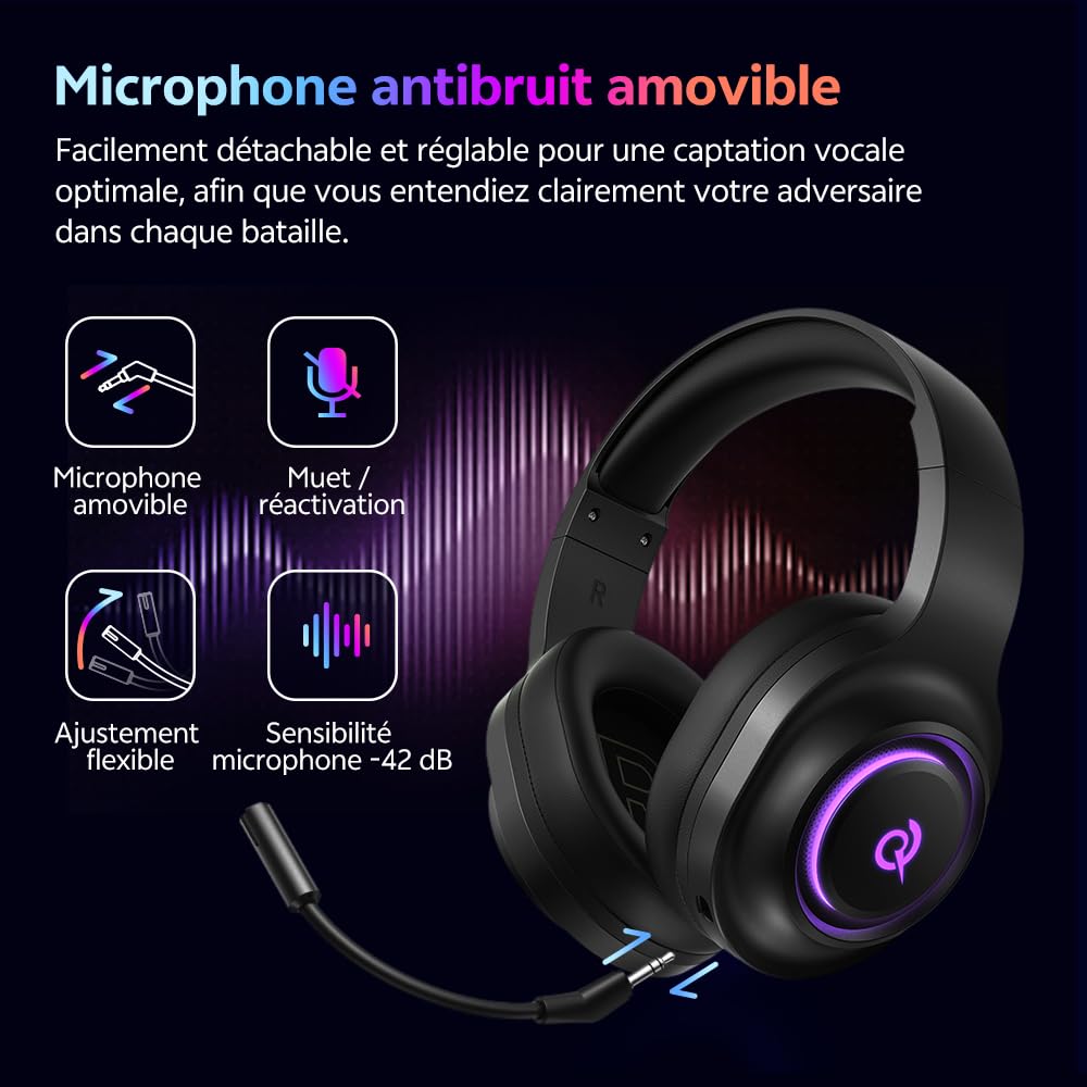 QCY Casque Gaming,Casque sans Fil 2,4 GHz pour PS5,PS4,PC,Switch,réduction de Bruit Amovible avec Micro,Son Surround 7.1,autonomie de 240 Heures,lumières RVB - Noir