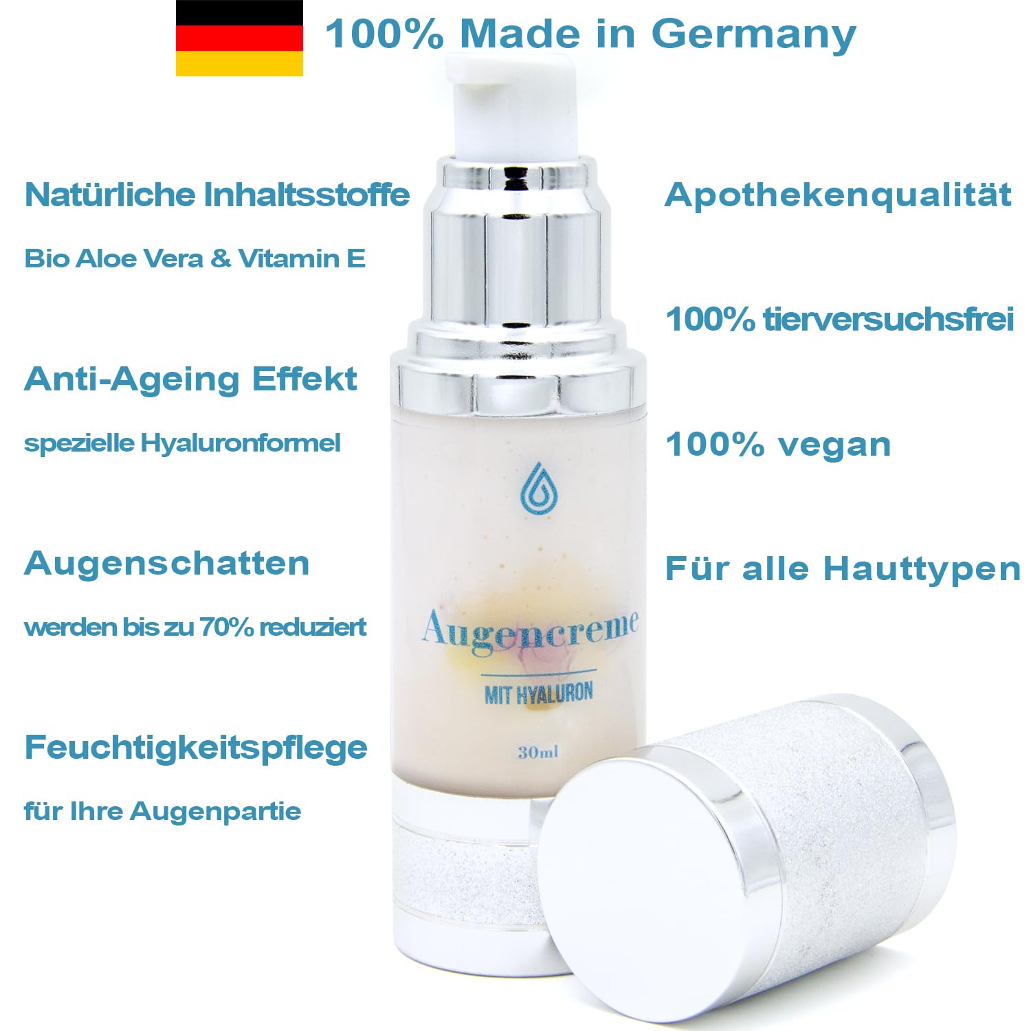 Crema per occhi Liquio con acido ialuronico biologico Aloe Vera Vitamina E, caffeina, guaranà – 30 ml – Anti Ageing Effetto Idratante Vegano contro le occhiaie e le occhiaie, tutti i tipi di pelle