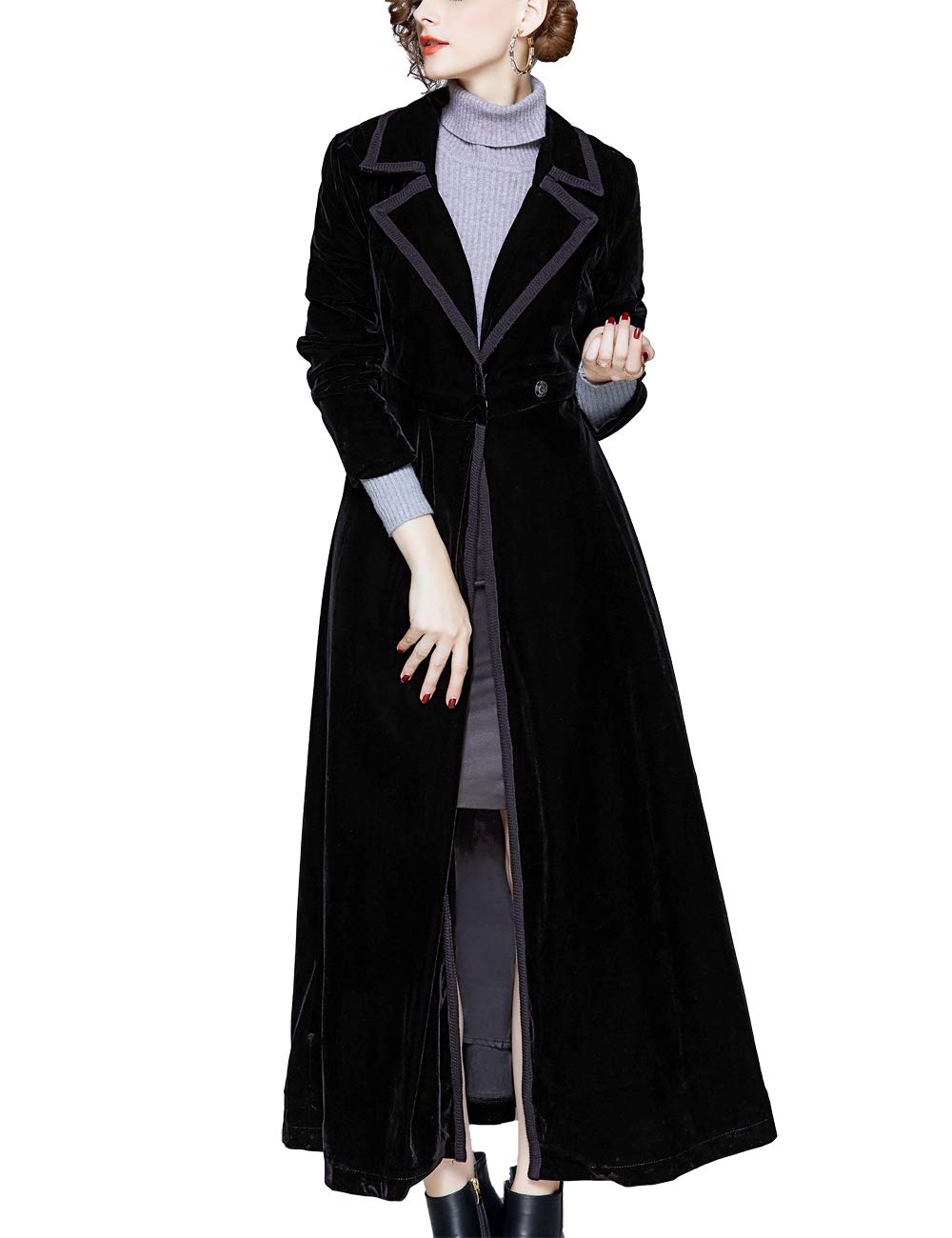 JOCNIKA Womens Elegant Velvet Long Trench Coat Slim Fit Jacket Overcoat