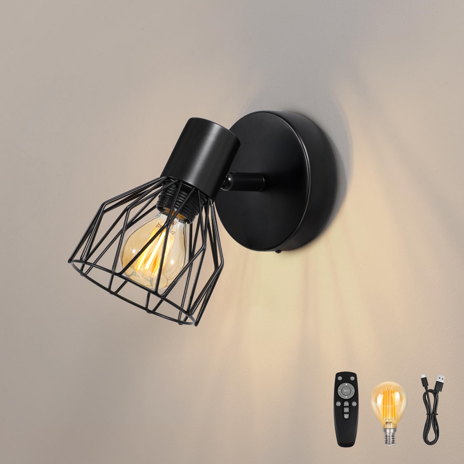 Dehobo Indoor Wall Sconce, USB Rechargeable Wall Lamp, Wireless Bedroom Sconces with Dimmable LED Light Bulb with 3 Colour Temperatures, Remote Control for Living Room, Hallway