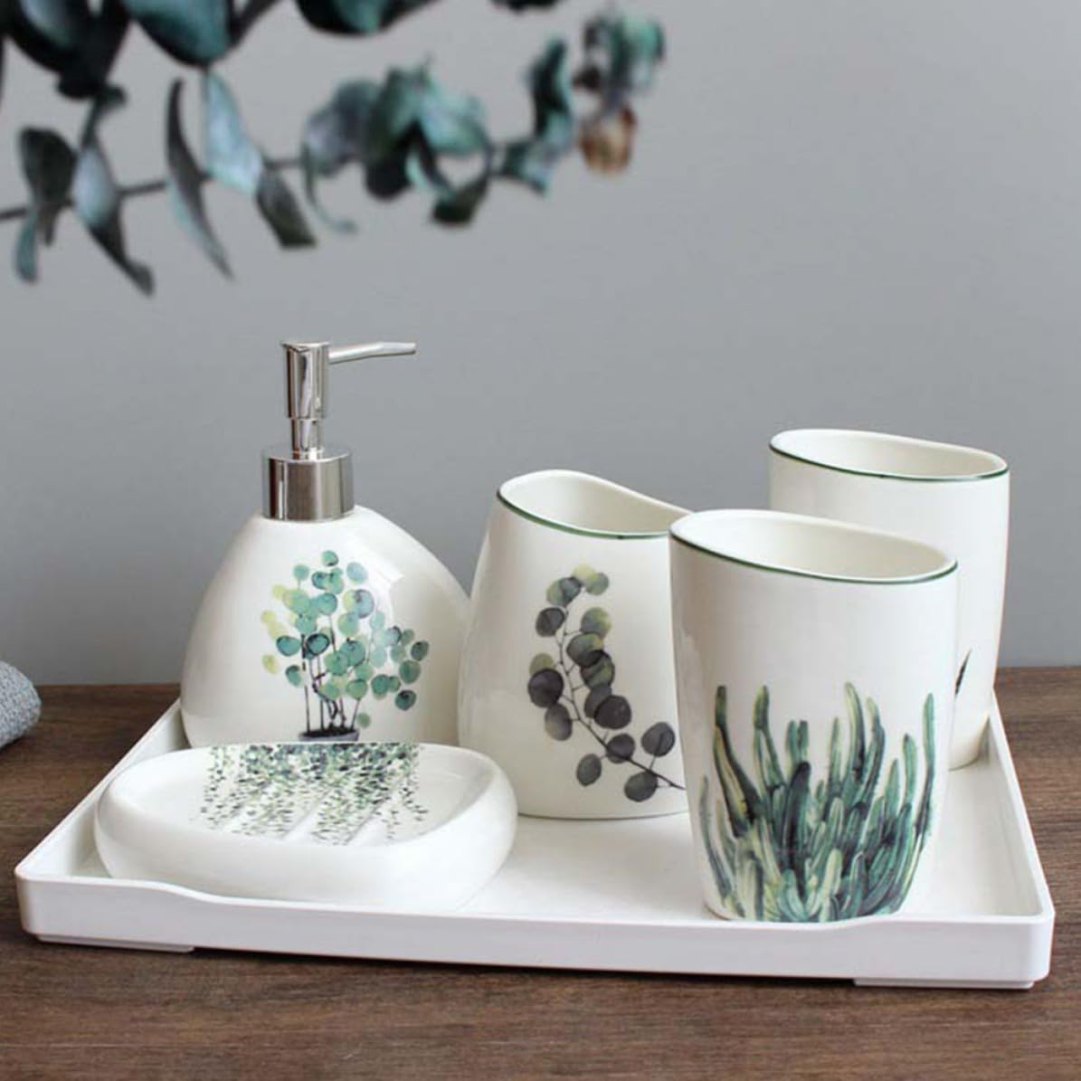 5 Pezzi Set Bagno Ceramica Cinque Tre Tazze, Flacone e Vassoio