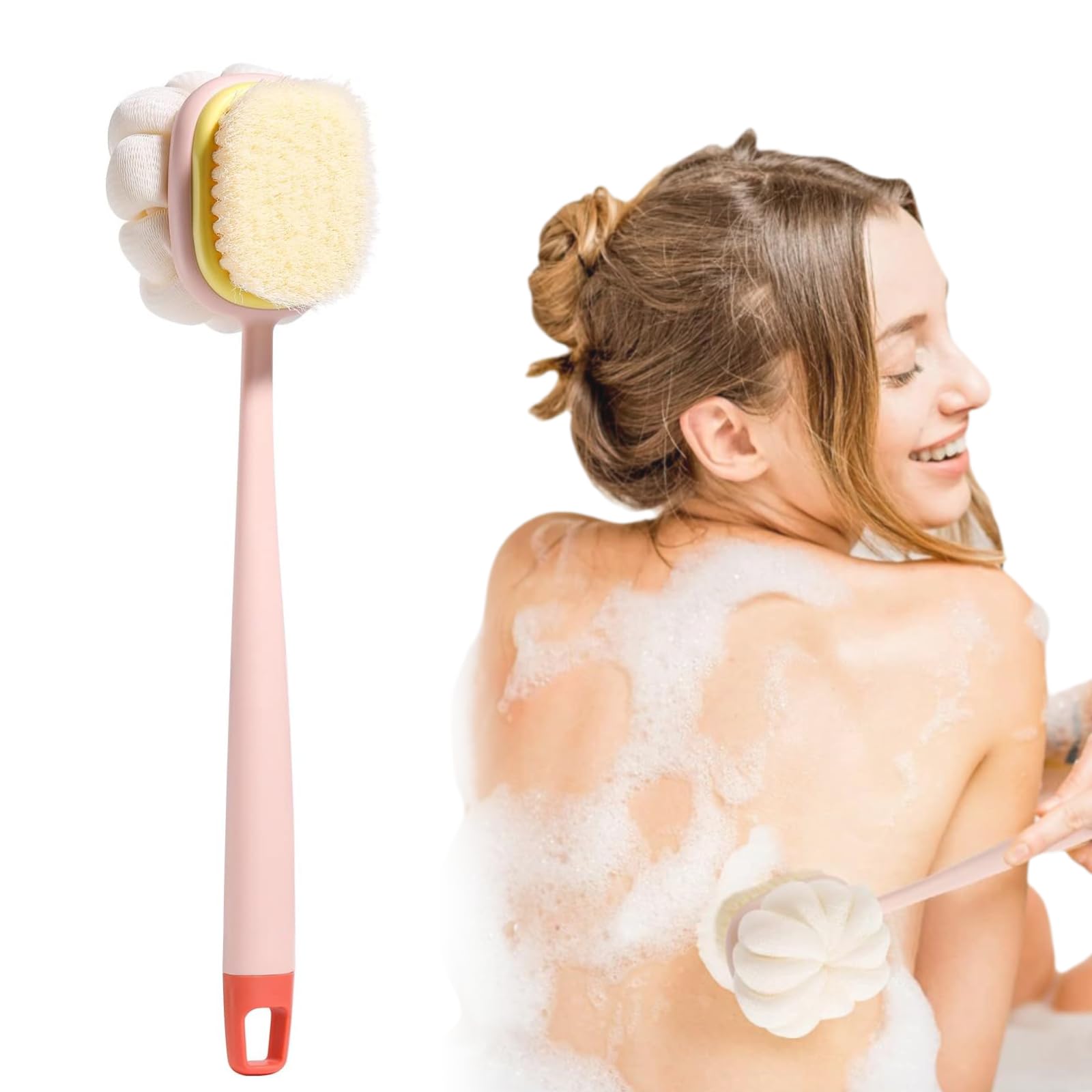 Shower Body Brush with Bristles and Loofah, Body Brushes Back Scrubbers Bath Dry Brush Mesh Sponge with Curved Long Handle for Men and Women Light Pink