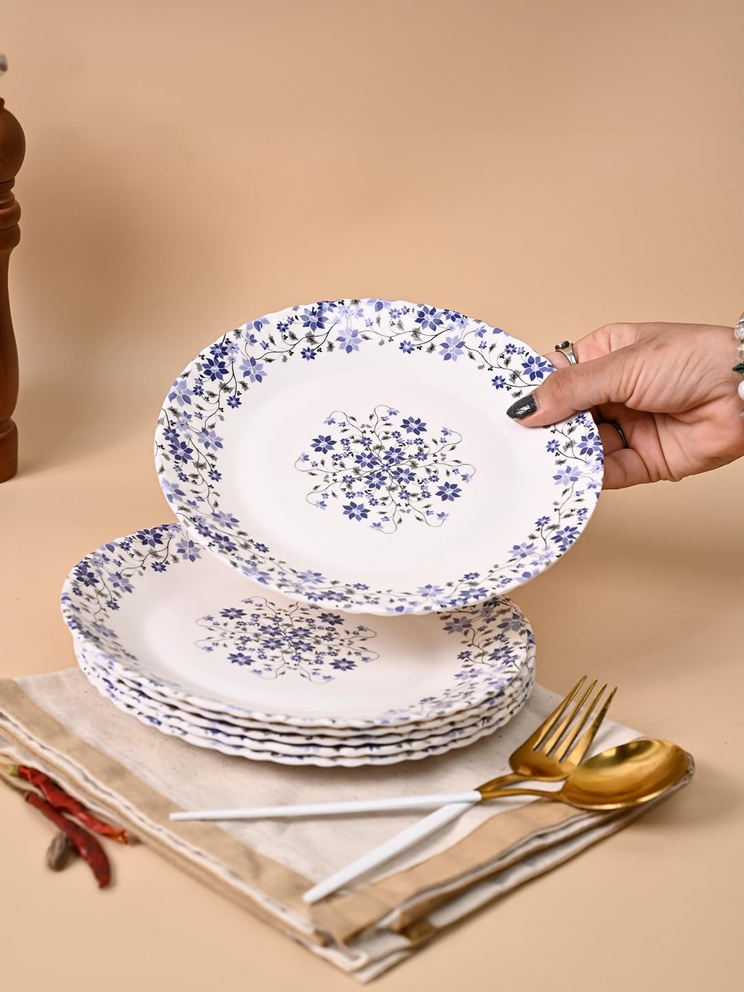 MARKET 99 Melamine Quarter Plates Set of 6 | Round Blue Floral Dinner Plates with Glossy Finish | Lightweight & Durable Tableware for Dining Table, Kitchen, Parties & Everyday Use