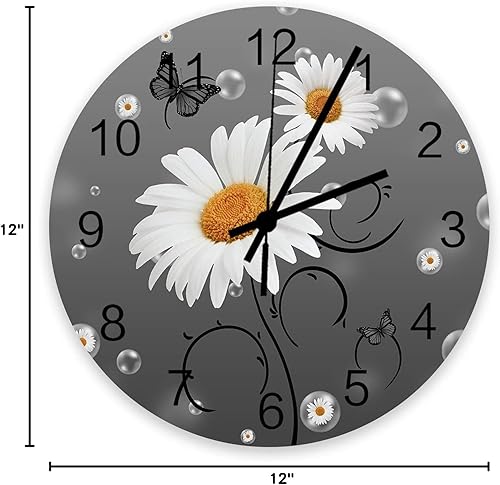 Miniatura 8 de Reloj de pared redondo silencioso de madera de 12 pulgadas, diseño de margarita amarilla, mariposa, fondo gris, funciona con pilas, reloj de pared