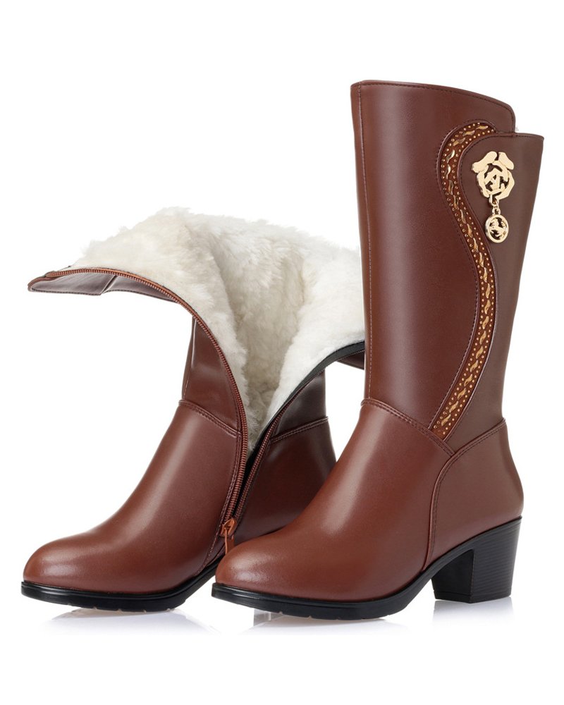 DuberessWomen's Wool Lined Warm Winter Anti Slip Zip Chunky Heel Fashion Classic Mid-calf Boots