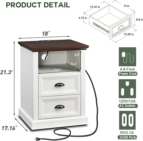 Miniatura 2 de Mesita de noche blanca con estación de carga, cómoda de 2 cajones para dormitorio, cómoda rústica de madera pequeña con cajones, mesa auxiliar con