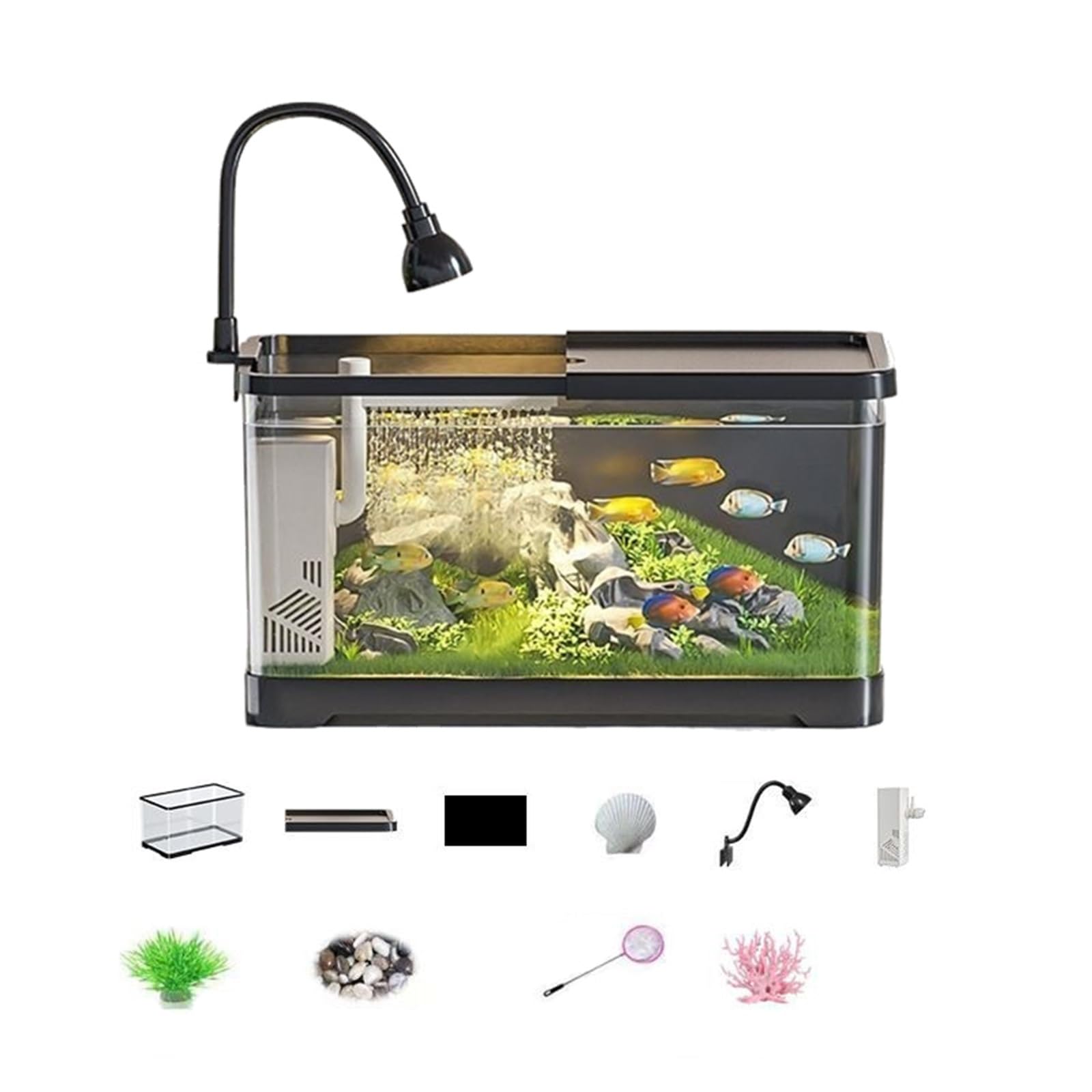 Tanque de peces, tanque de acuario con filtro, kits de iniciación de peceras pequeñas, decoraciones de pecera de escritorio (negro, L)