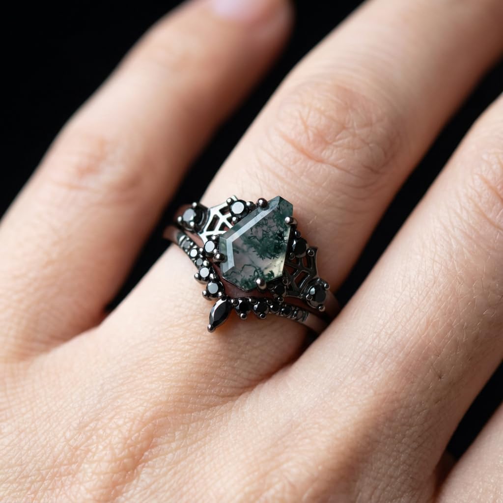 Natural Moss Agate Engagement Black Ring Set for Women Customizable 10K /14K /18K Solid Gold Gothic Promise Wedding Stacking Rings Free Engraving Size 4-15