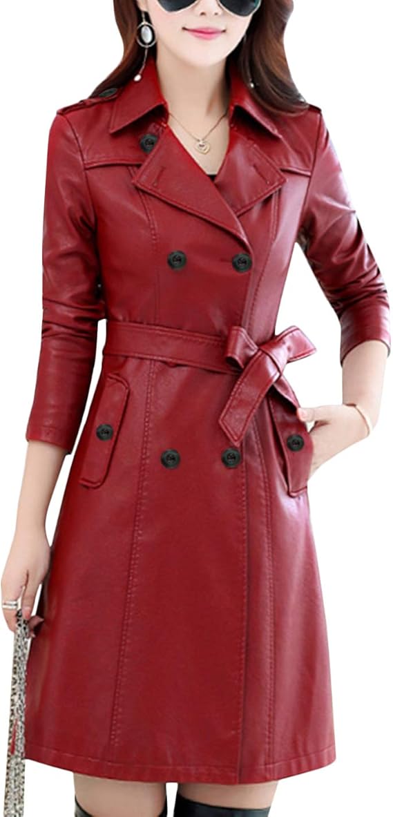 Tanming Womens Fashion Lapel Double Breasted Lambskin Leather Mid Long Jacket Coat