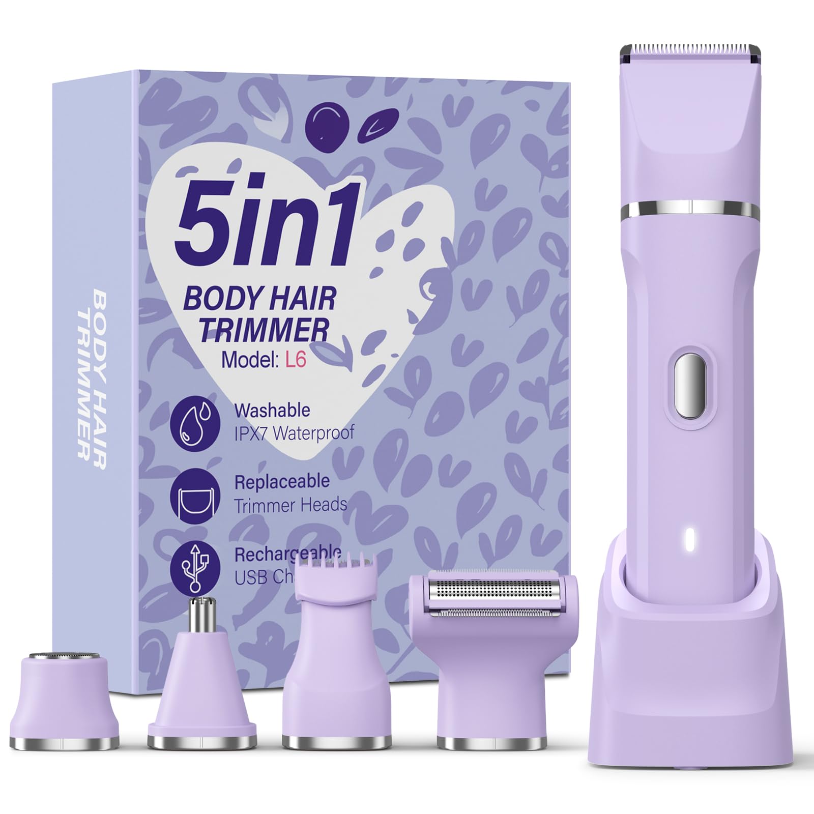 Upgraded 5-in-1 Bikini Trimmer for Women, IPX7 Waterproof Electric Razors Shaver, Cordless Body Hair Trimmer, Facial & Pubic Hair Removal, Ceramic Blade (Purple)