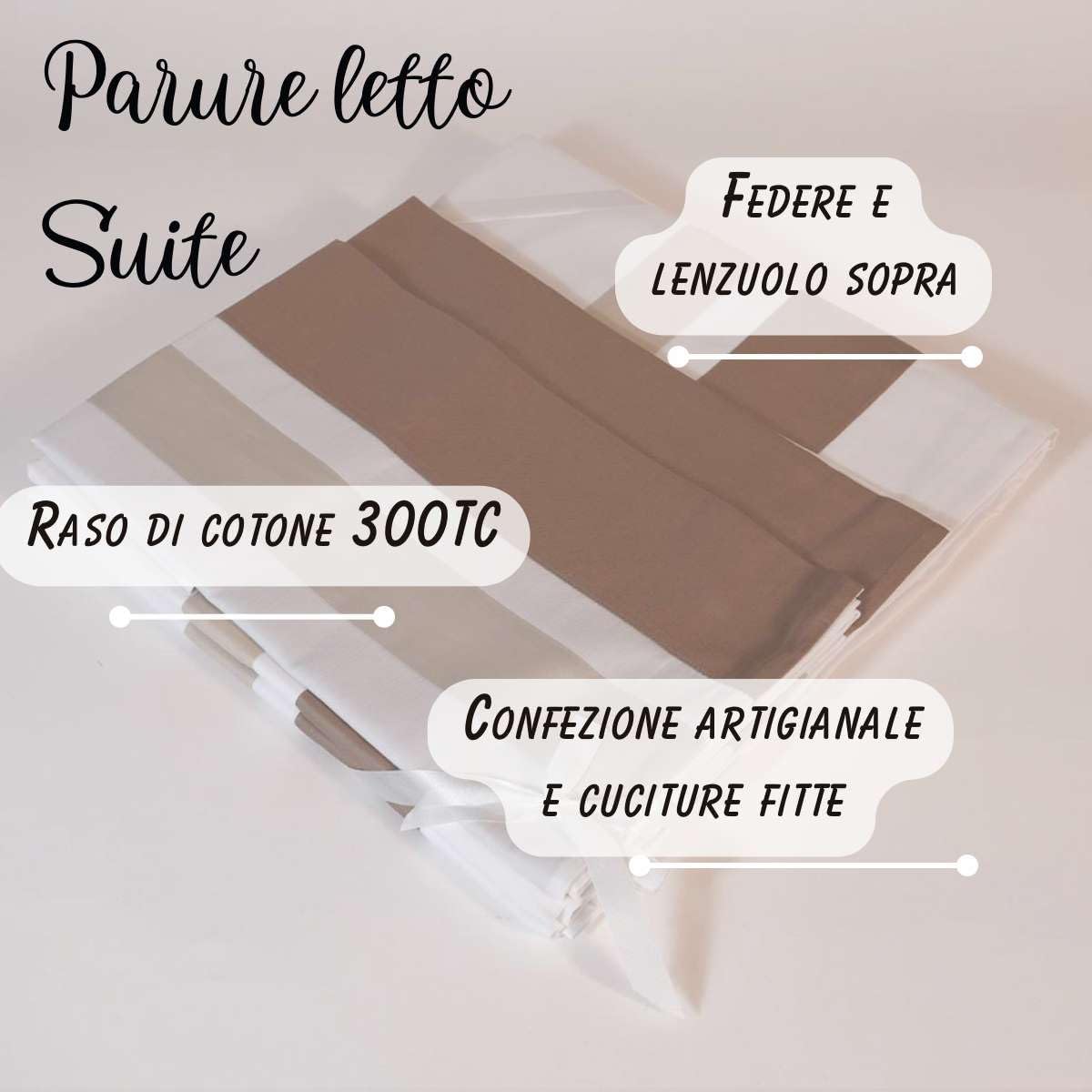 Cassera Casa | Parure Letto Lenzuola Doppia Applicazione Tinta Unita Matrimoniale Raso Cotone 300TC Altissima Qualità Made in Italy | 2 Federe 50x80cm + 1 Lenzuolo Sopra 260x290 || Suite (Naturale)