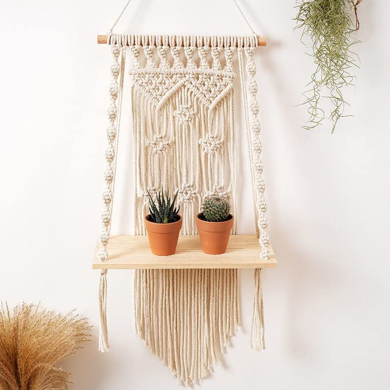 Macrame Wall Hanging Shelf Handmade Boho Hanging Organizer for Home Decor Floating Rope Shelf for Living Room, Bedroom & Balcony Decorative Storage Rack 25 x 50 CM, 1-Piece 12