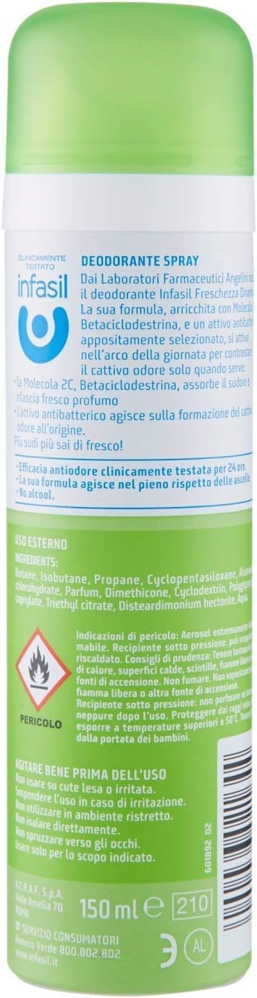 Infasil Deospray für dynamische Frische mit Molekül 2C, ohne Alkohol, wirksam bis zu 24 Stunden, 12x 150 ml + Italian Gourmet polpa 400g