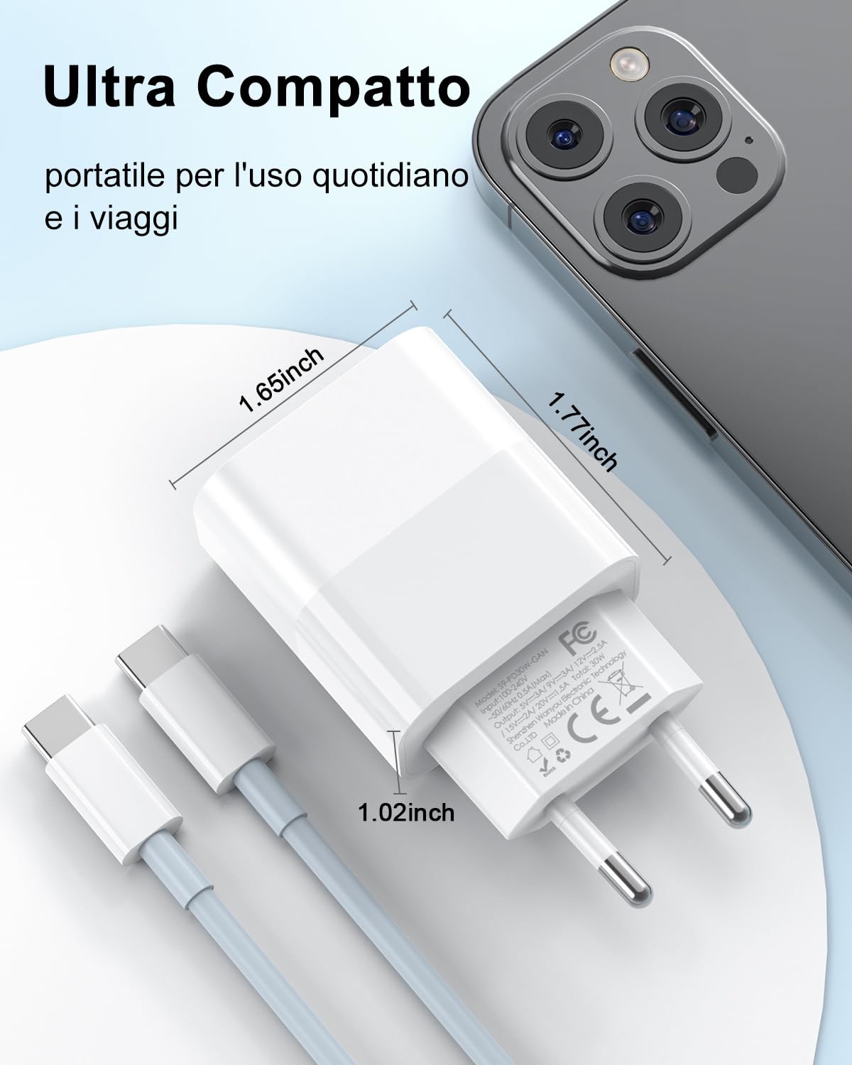 Amoner Caricatore 30W con Cavo USB-C da 2m, Ricarica Rapida per iPhone 17/ 16/15