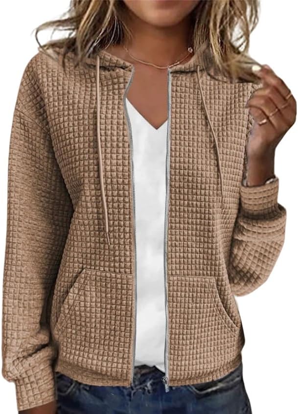 ZOCANIA Zip Up Hoodie Women Long Sleeve Knit Waffle Sweatshirt Drawstring Lightweight Women's Hoodies with Pockets