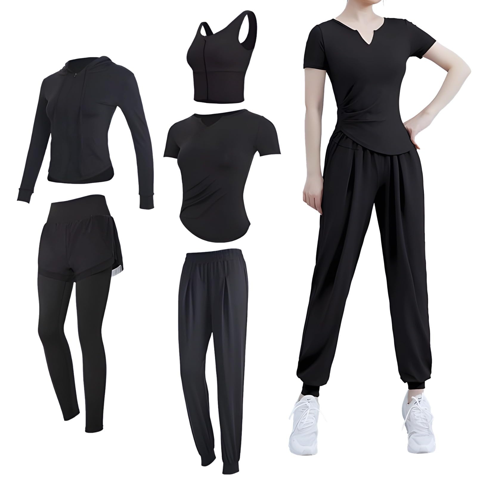 Conjunto de ropa deportiva para mujer, conjunto de 5 piezas, ropa de yoga, conjuntos de entrenamiento de manga larga para mujer, diseño negro, tela transpirable cómoda, XXL para 135-150 libras de