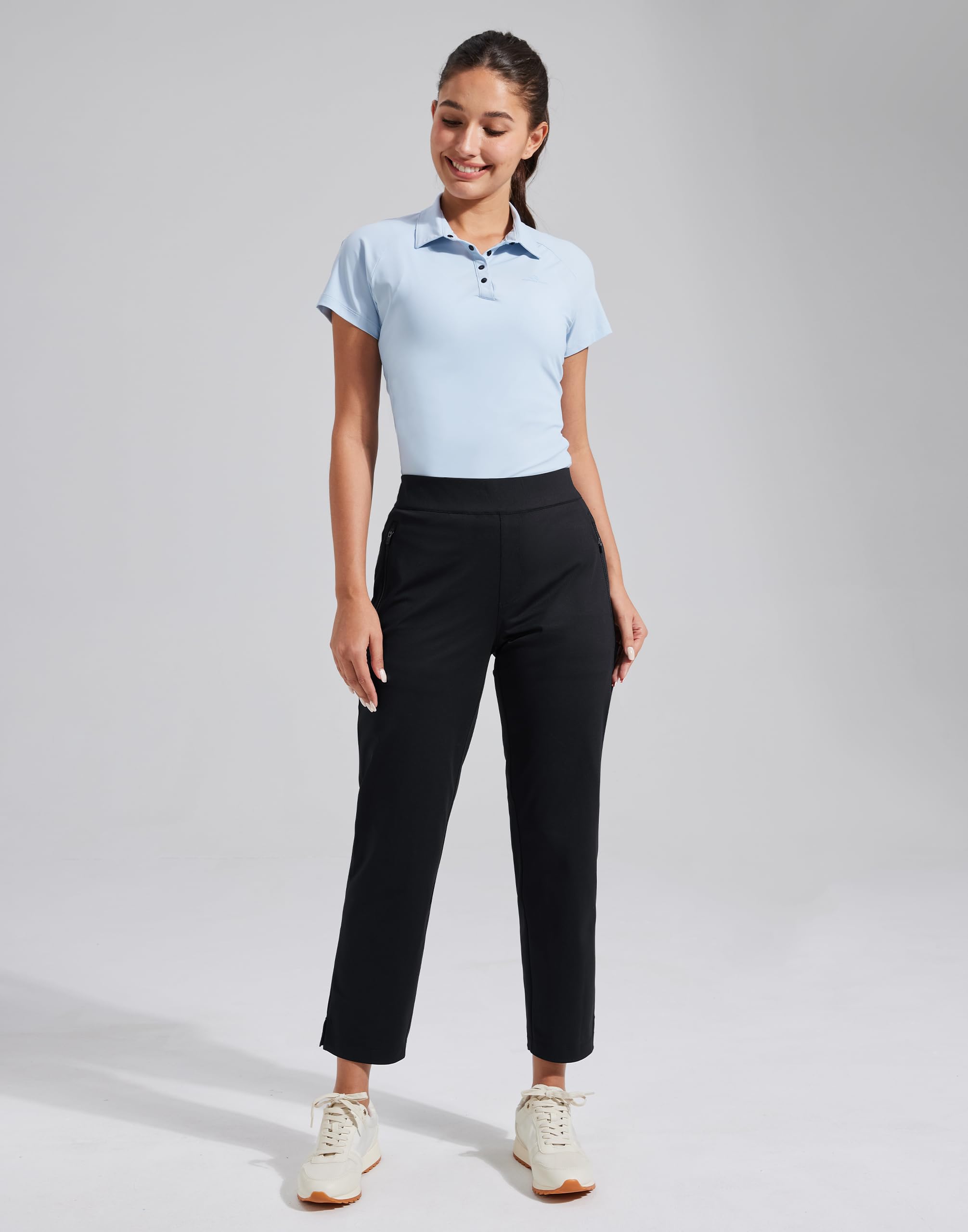 Pioneer Camp Pantalones de golf para mujer, 7/8 largos con bolsillos laterales, pantalones elásticos transpirables para oficina, viajes y deportes, cintura elástica con cordón, pantalones ligeros y