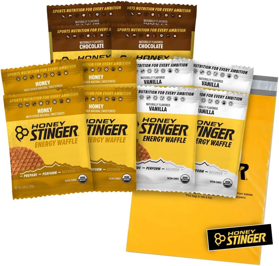 Honey Stinger Organic Waffles - Variety Pack – 12 Count – 4 of Each Flavor – Energy Source for Any Activity – Honey, Vanilla & Chocolate – Plus Sticker and Custom PolybagUSDA Organic