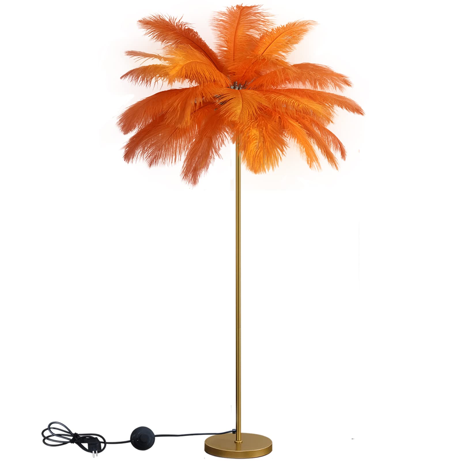 Pombconw Feather Floor Lamp, Ostrich Feather with Gold Stand, Dimmable Light for Living Room, Orange