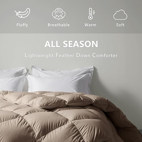 Miniatura 2 de zzlamb Edredón ligero de plumas caqui, relleno de edredón cálido para todas las estaciones, duradero y suave, mezcla de algodón, con pestañas en las