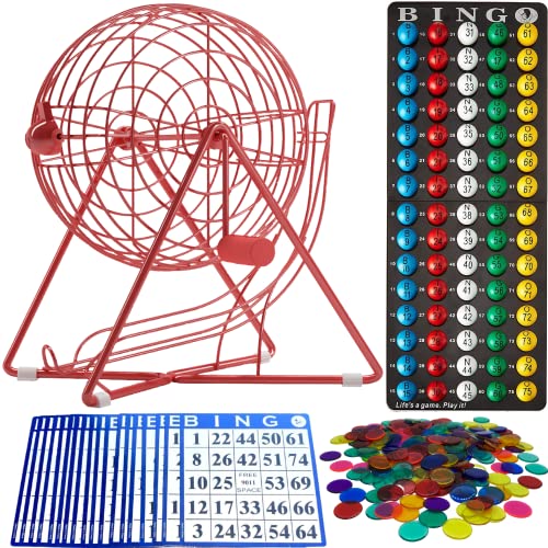 MR CHIPS Professionelles Bingo-Set mit Bingokäfig, Bingo-Bälle, Bingo-Board, Bingo-Karten und Bingo-Chips - 4 Farben zur Auswahl, Lucky Red Cover
