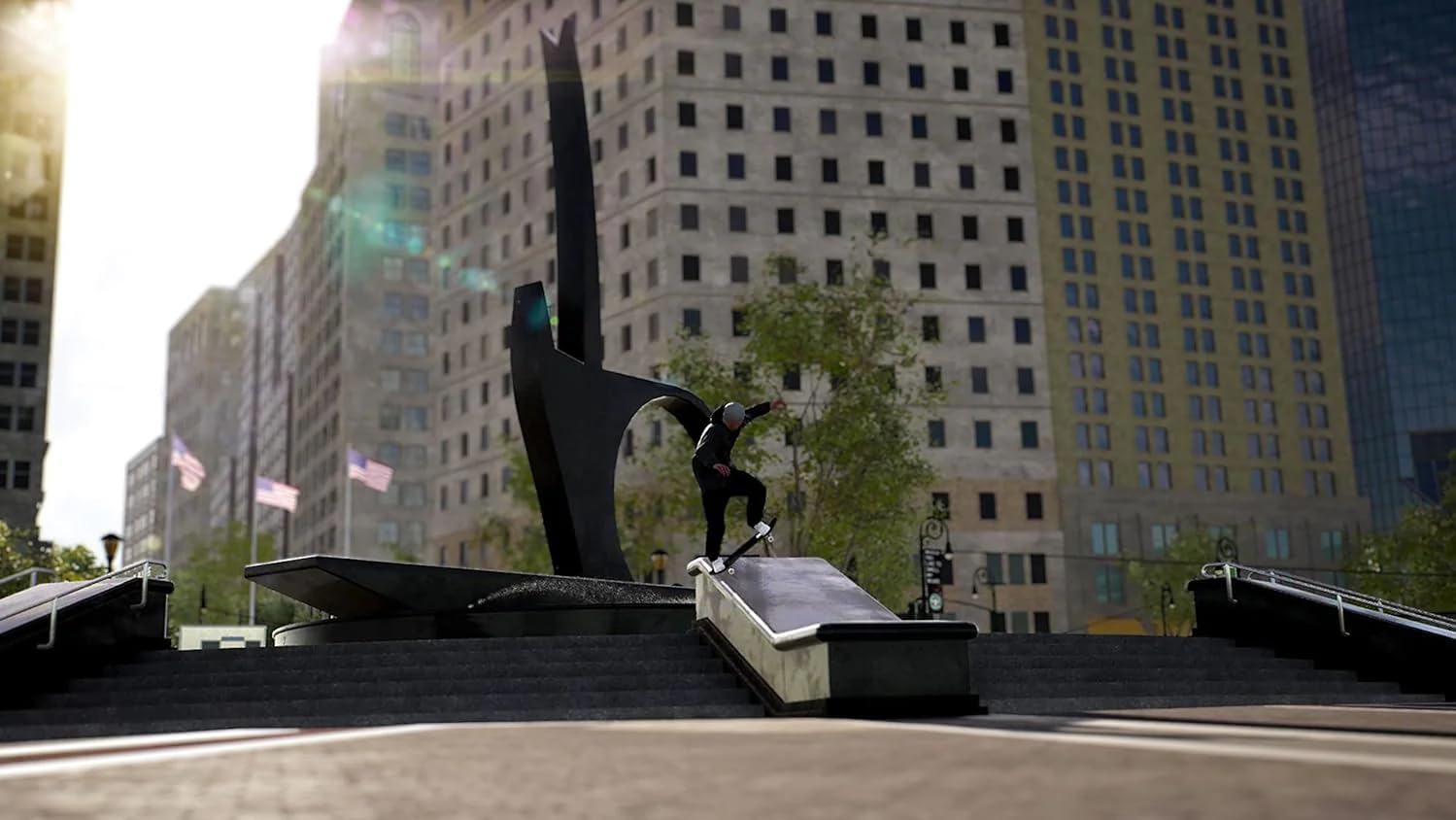 Skateboarder in a city plaza with large buildings and a modern sculpture, showcasing an iconic skate spot.