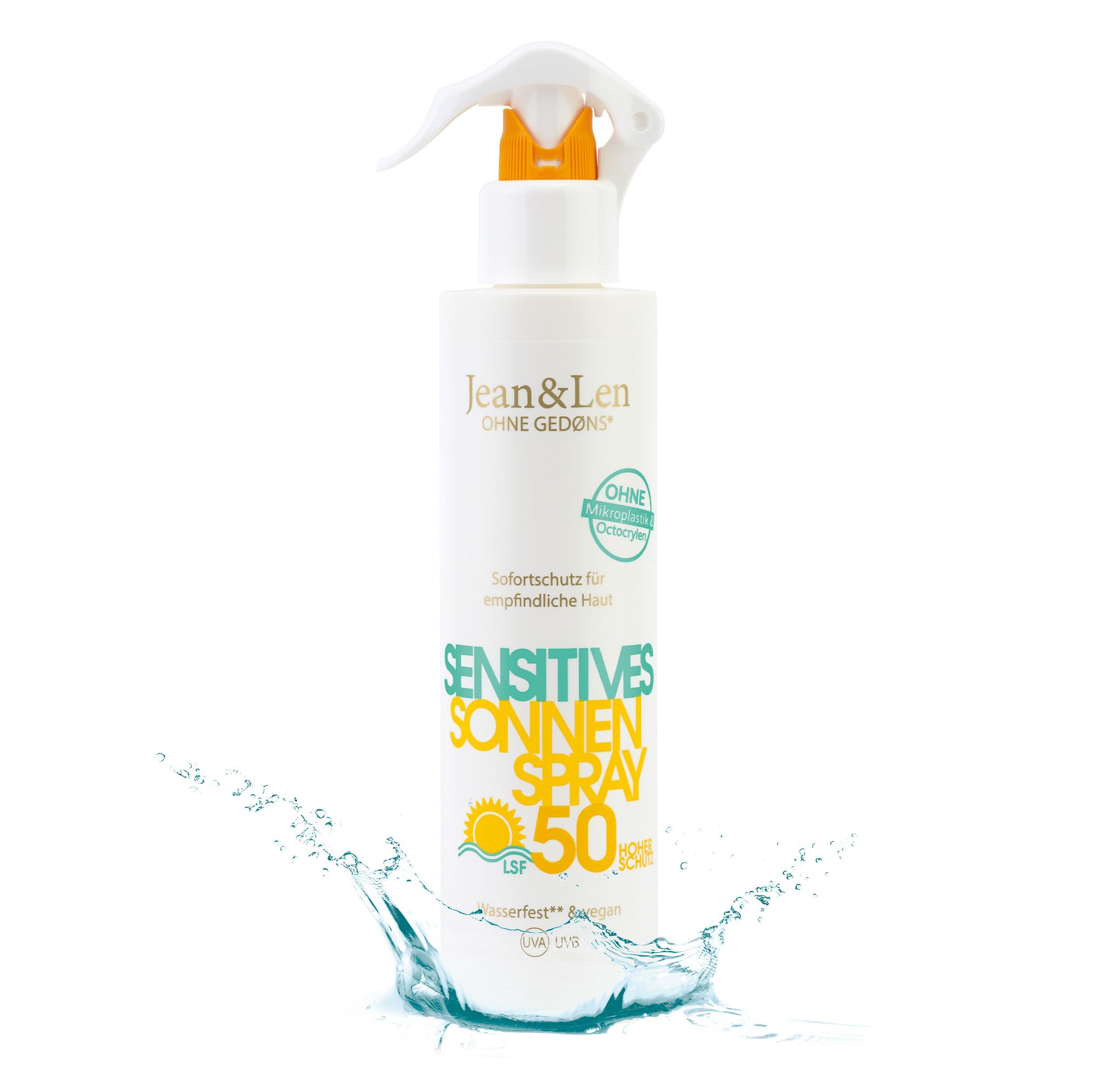 Jean & Len Sensitive Sun Spray 50 SPF resistente al agua, apto para pieles sensibles, sin siliconas, octocrileno, fragancias ni microplásticos, vegano, frasco pulverizador 250 ml