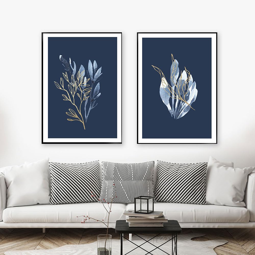 WUHBCZ Art Decor,Minimalist Blue Leaves Poster Golden Botanical Canvas Painting Nordic Flower Art Print Wall Picture Living Kitchen Bedroom Decor-40 * 50cm*2PCS (No Frame)