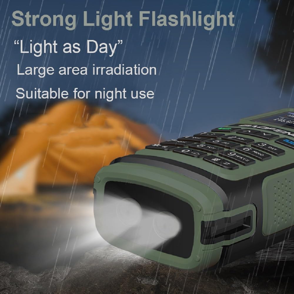 BAOFENG UV-17 radio with its flashlight illuminated in a dark outdoor setting