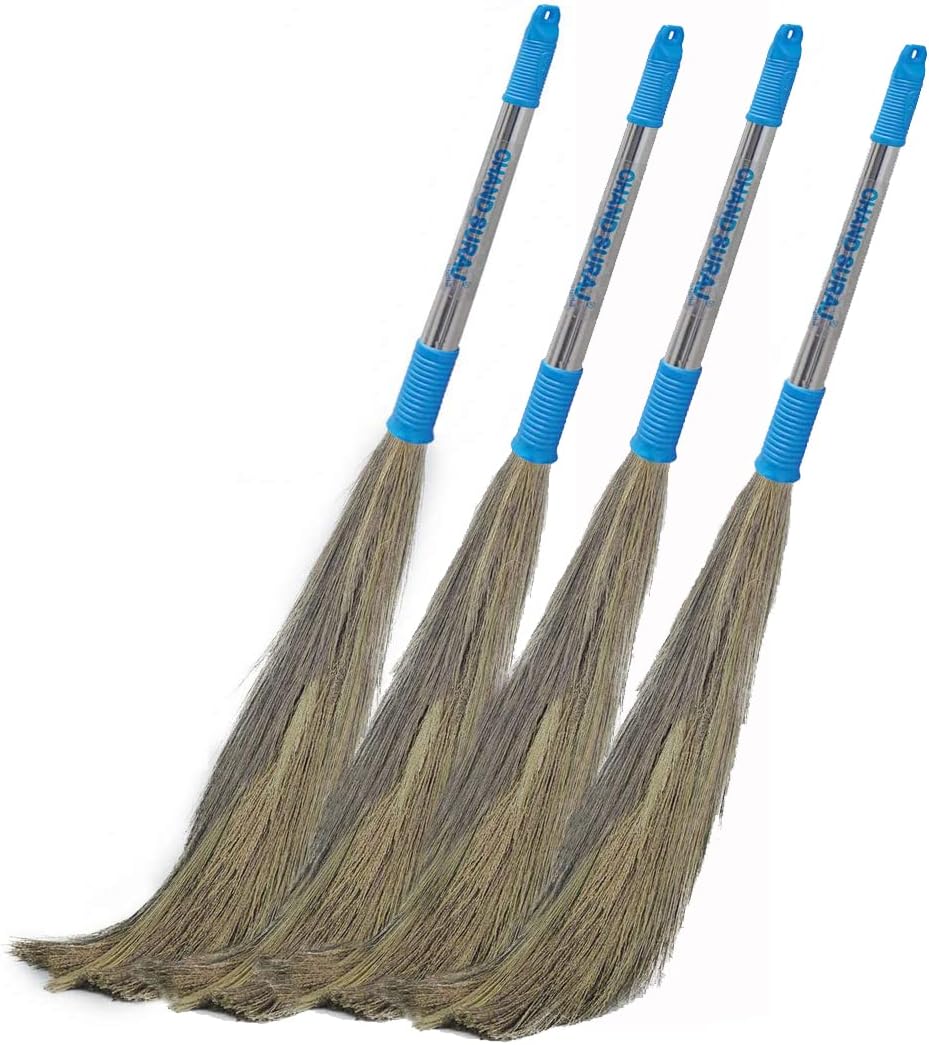 CHAND SURAJ® Stella Natural Grass Broom Stick with Stainless Steel Handele (Pack of 4)
