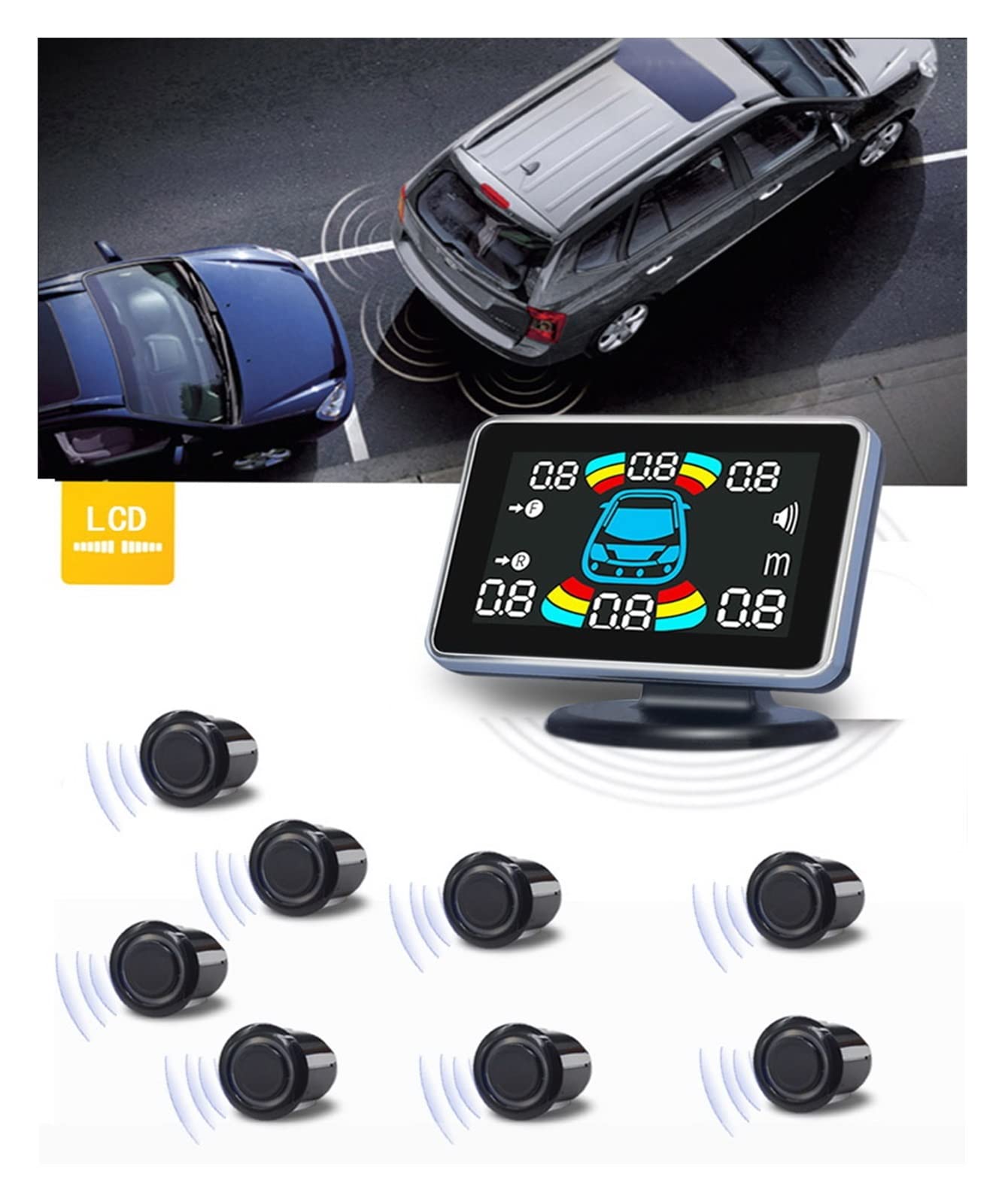 8 Capteur De Stationnement Parktronic Voiture Automobile Radar De Recul Électronique Arrière Auto Détecteur Arrière Kit D'assistance Buzzer Car Parking Sensors(Blanc)