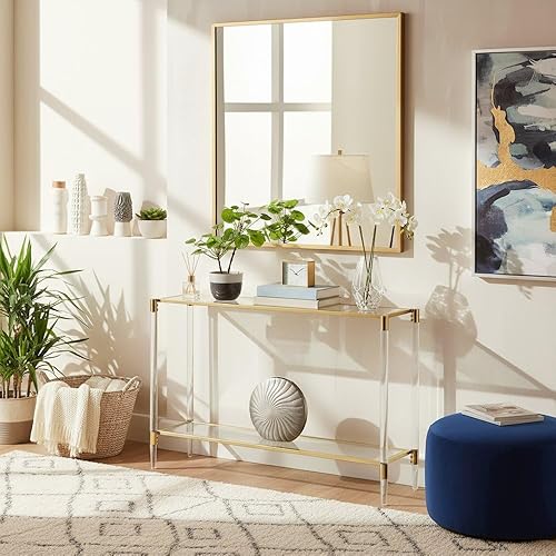 Miniatura 2 de Mesa consola de 2 niveles, mesa de cristal transparente estrecha con patas acrílicas y marco cromado dorado, pasillo o sofá