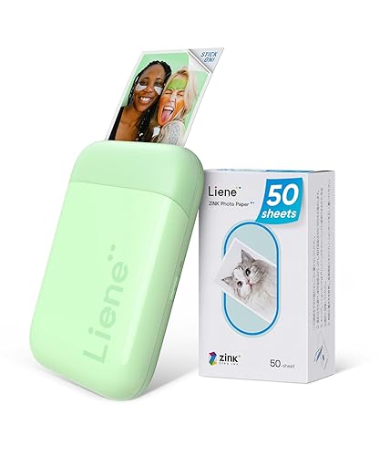 Liene Photo Printer, 2x3” Mini Portable Instant Photo Printer Bundle w/ 50 Zink Adhesive Paper, Bluetooth 5.0, Compatible w/iOS & Android, Small Color Mono Picture Printer for iPhone, Smartphone Green - green/50sheets