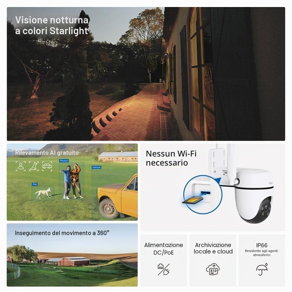 Tapo Telecamera di sicurezza esterna Pan/Tilt 4G LTE C501GW, senza bisogno di WiFi, Full HD 1080P, tracciamento del movimento a 360°, nessun costo mensile, rilevamento AI, visione notturna a colori