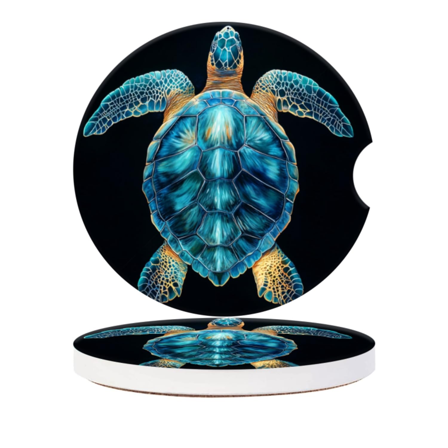 Car Cup Coasters for Cup Holders-Back View of Sea Turtle in Blue and Gold,Ceramic Cup Coasters with Finger Notch & Cork Base - Anti-Slip Car Interior Accessories for Women Men Pack of 2, 2.56In