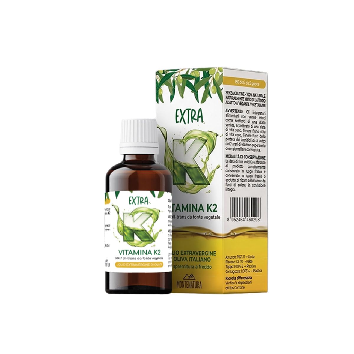 Extra K Vitamina K2 MK-7 Liquida in Gocce | Integratore Ossa. Alto Assorbimento in Olio Extravergine d' Oliva EVO Italiano | 100% Naturale, Vegetale, Vegano, Senza Glutine | 150 Dosi