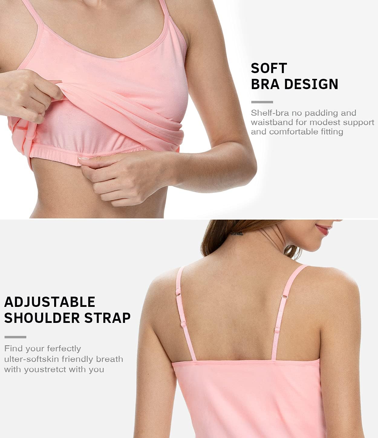 Air Curvey 3 Pack Camisole Tops for Women Built in Bra Adjustable Strap Soft Cotton Undershirt Tanks Seamless Layering Tops - Image 3