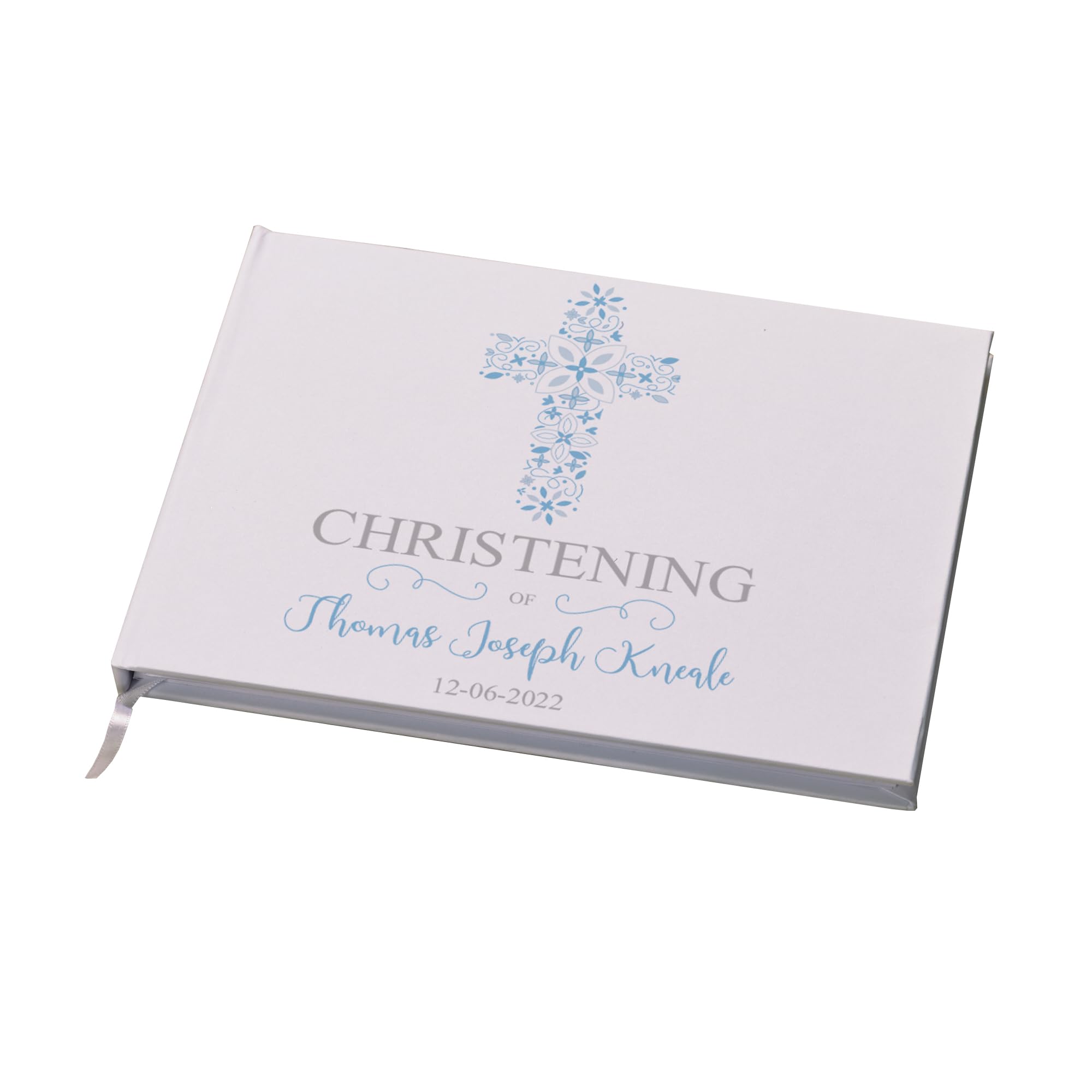 Ukgiftstoreonline White Personalised Christening Blue Ornate Cross Guest Book
