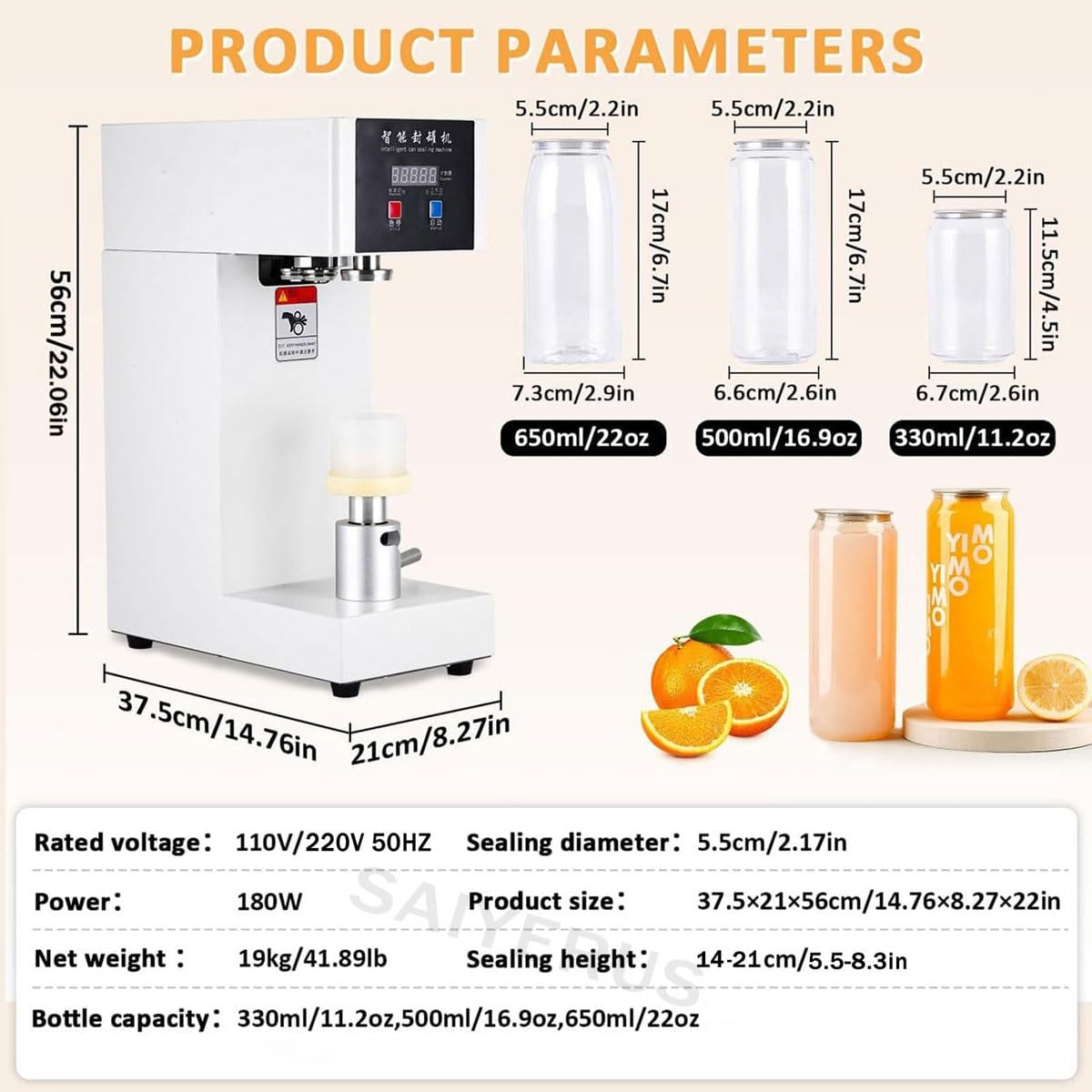 Máquina automática de sellado de latas, sellador eléctrico de vasos de 180 W con mostrador y pantalla LCD, para costuras y tapado de latas de 5,5 cm de diámetro y 14-21 cm de altura