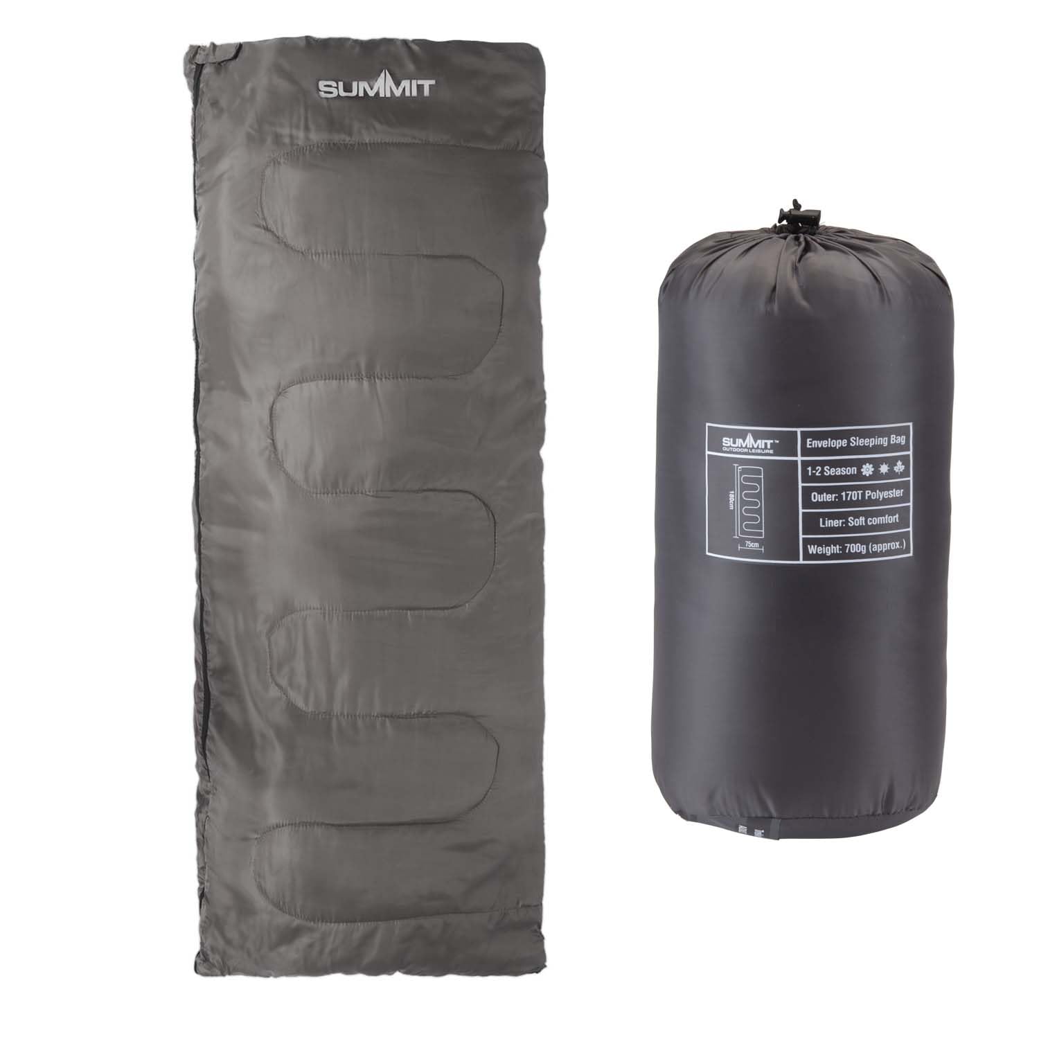 VFM e-Store - Envelope Sleeping Bag Single Stylish, Warm, Easy To Pack Camp Bag Outdoors Camping Hiking Holidays Festivals Travel - Grey Envelope