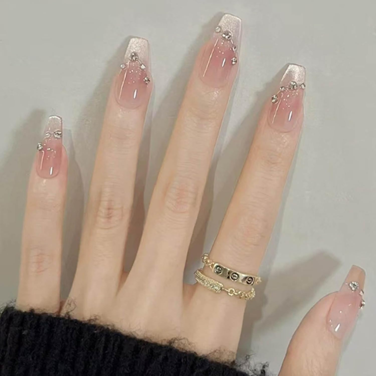 24Pcs French Cute Tip Press on Nails - Galaxy Glitter Design