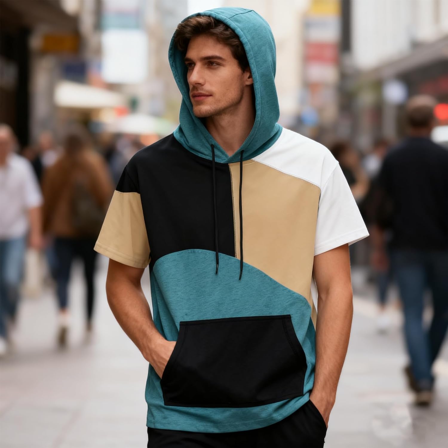 Mens Short Sleeve Hoodie Soft Cotton Color Block T-Shirt Sweatshirt Big Pocket Half Sleeve Summer Pullover - Image 6